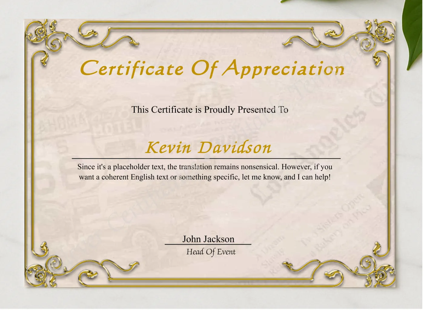 Elegant Certificate Of Appreciation presented in a sleek wooden frame, elegantly arranged on a stylish table.