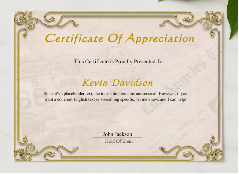 Elegant Certificate Of Appreciation presented in a sleek wooden frame, elegantly arranged on a stylish table.