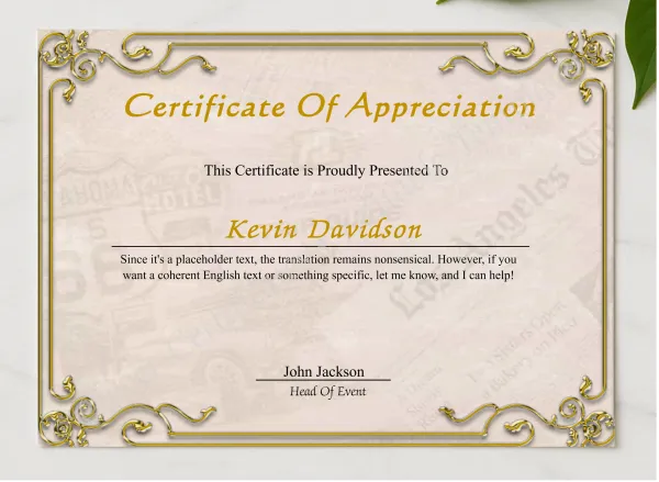 Elegant Certificate Of Appreciation presented in a sleek wooden frame, elegantly arranged on a stylish table.