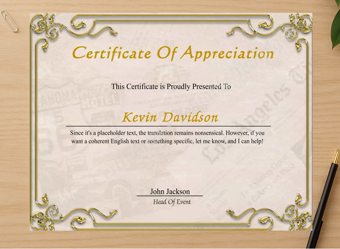 Professional preview of Elegant Certificate Of Appreciation certificate on high-quality stationery paper, ideal for showcasing the final look.
