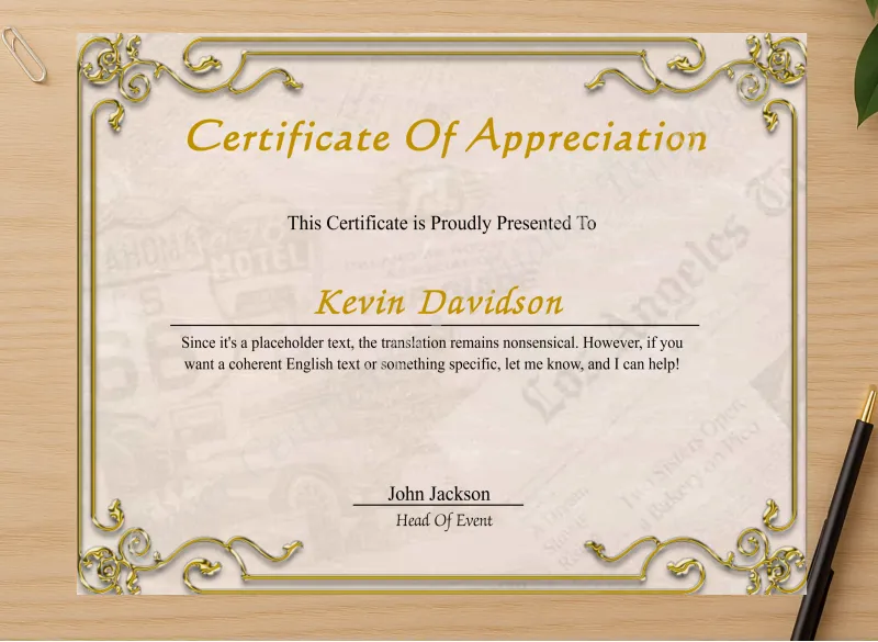 Professional preview of Elegant Certificate Of Appreciation certificate on high-quality stationery paper, ideal for showcasing the final look.