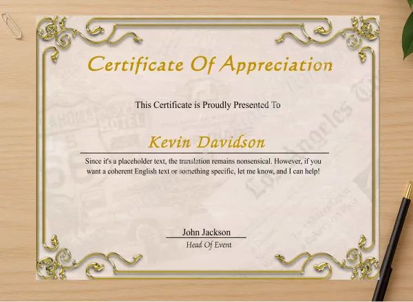 Professional preview of Elegant Certificate Of Appreciation certificate on high-quality stationery paper, ideal for showcasing the final look.