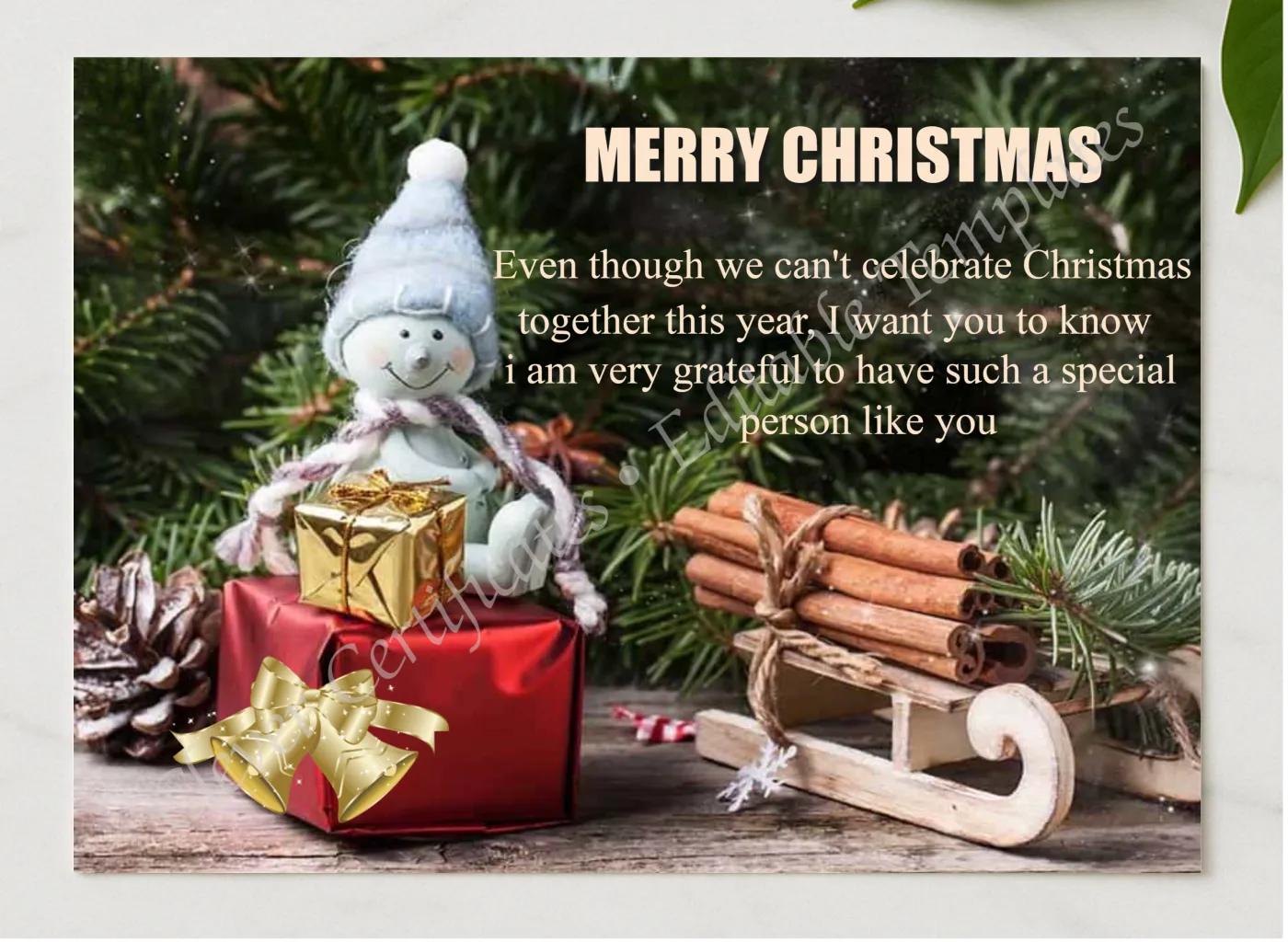 Editable Christmas Certificate presented in a sleek wooden frame, elegantly arranged on a stylish table.