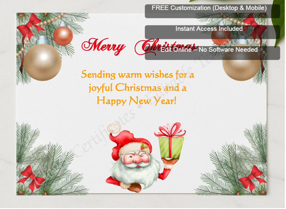 Framed preview featuring Free Editor badge stack for Editable Happy Christmas Card
