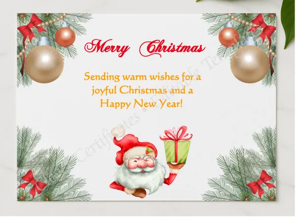 Editable Happy Christmas Card presented in a sleek wooden frame, elegantly arranged on a stylish table.