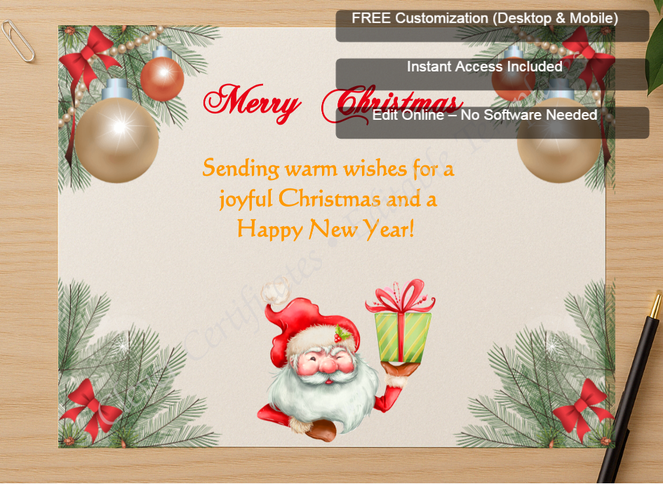 Zoomed preview with Free Editor badge stack for Editable Happy Christmas Card