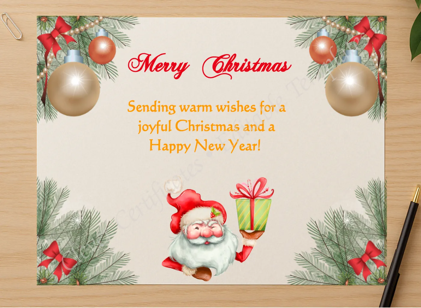 Professional preview of Editable Happy Christmas Card certificate on high-quality stationery paper, ideal for showcasing the final look.