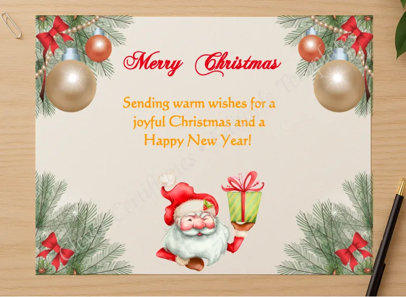 Professional preview of Editable Happy Christmas Card certificate on high-quality stationery paper, ideal for showcasing the final look.