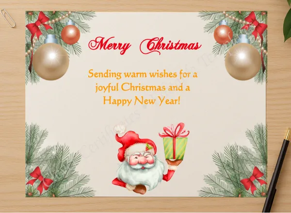 Professional preview of Editable Happy Christmas Card certificate on high-quality stationery paper, ideal for showcasing the final look.