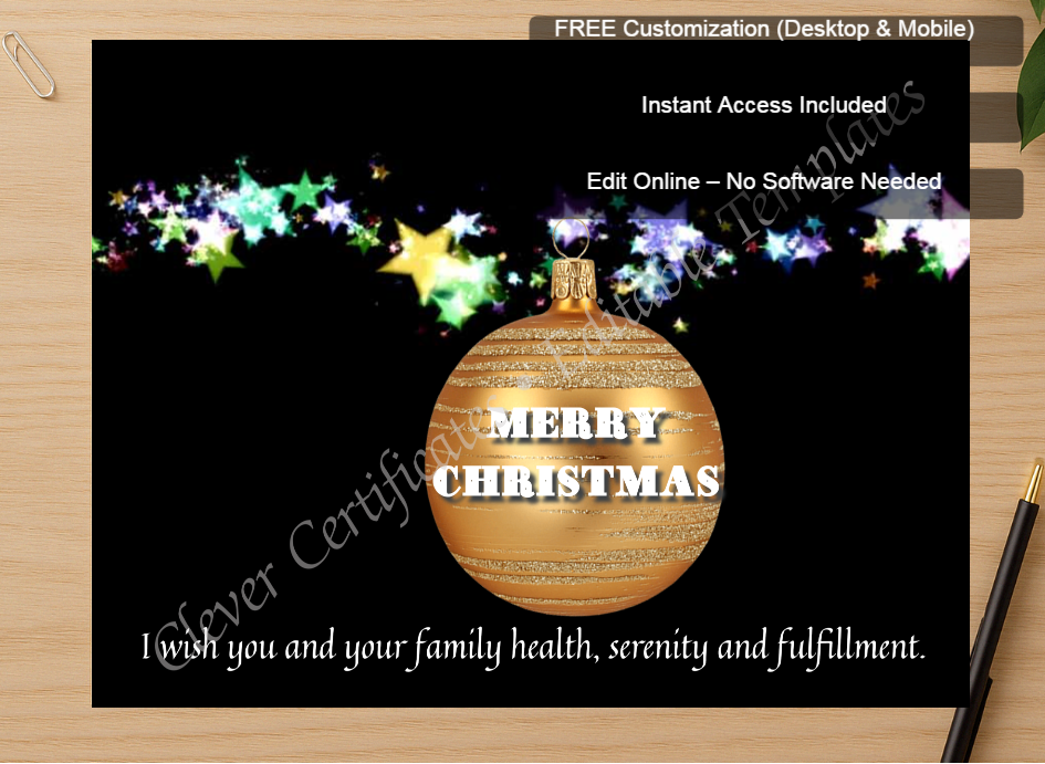 Zoomed preview with Free Editor badge stack for Editable Christmas Card