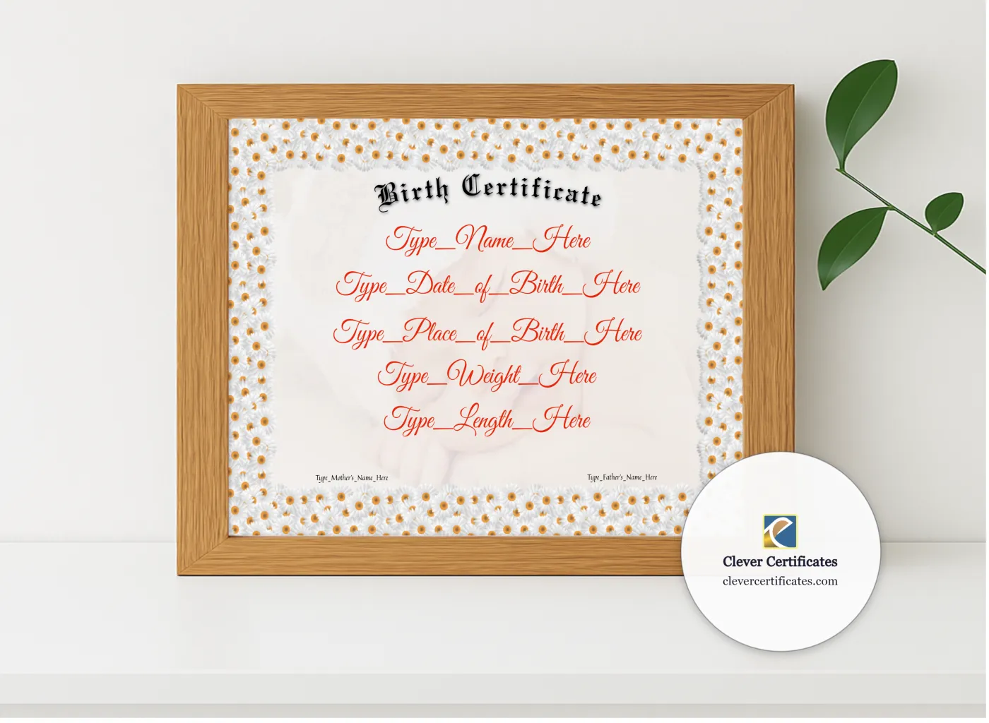 Realistic mockup featuring Birth Certificate displayed within a modern frame, set against a minimalistic background.