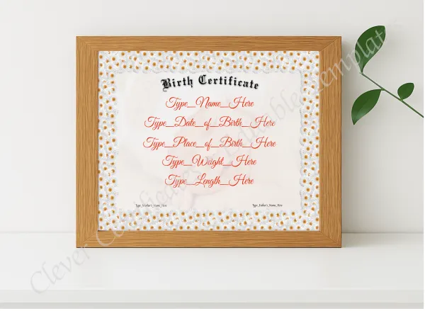 Realistic mockup featuring Birth Certificate displayed within a modern frame, set against a minimalistic background.
