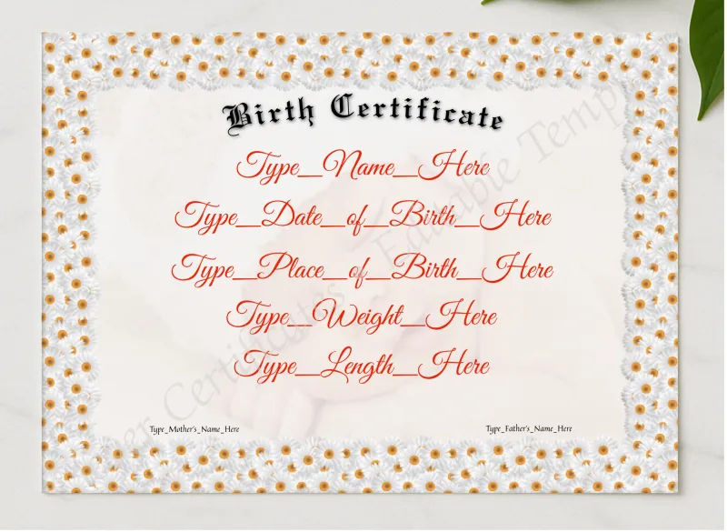 Birth Certificate presented in a sleek wooden frame, elegantly arranged on a stylish table.