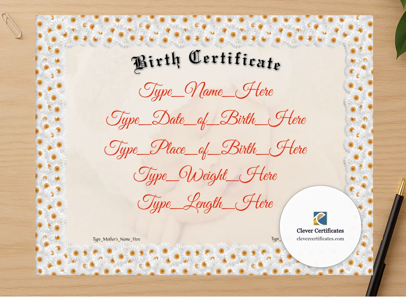 Professional preview of Birth Certificate certificate on high-quality stationery paper, ideal for showcasing the final look.