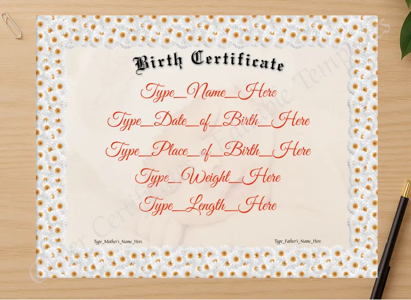 Professional preview of Birth Certificate certificate on high-quality stationery paper, ideal for showcasing the final look.