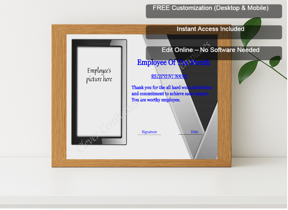 Premium mockup with Free Editor badge stack for Editable Employee Of The Month Certificate