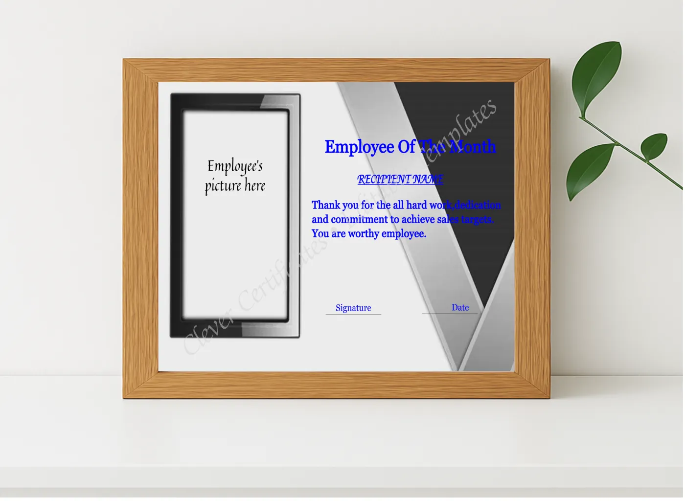 Realistic mockup featuring Editable Employee Of The Month Certificate displayed within a modern frame, set against a minimalistic background.