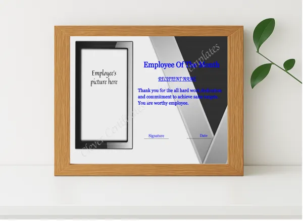 Realistic mockup featuring Editable Employee Of The Month Certificate displayed within a modern frame, set against a minimalistic background.
