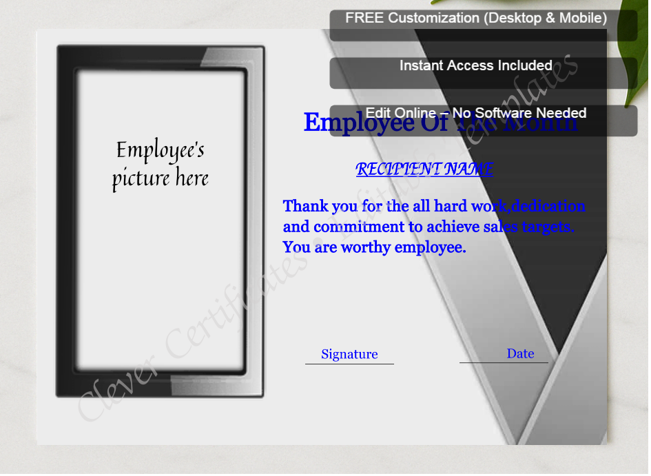 Framed preview featuring Free Editor badge stack for Editable Employee Of The Month Certificate