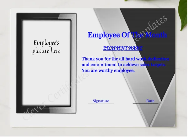 Editable Employee Of The Month Certificate presented in a sleek wooden frame, elegantly arranged on a stylish table.