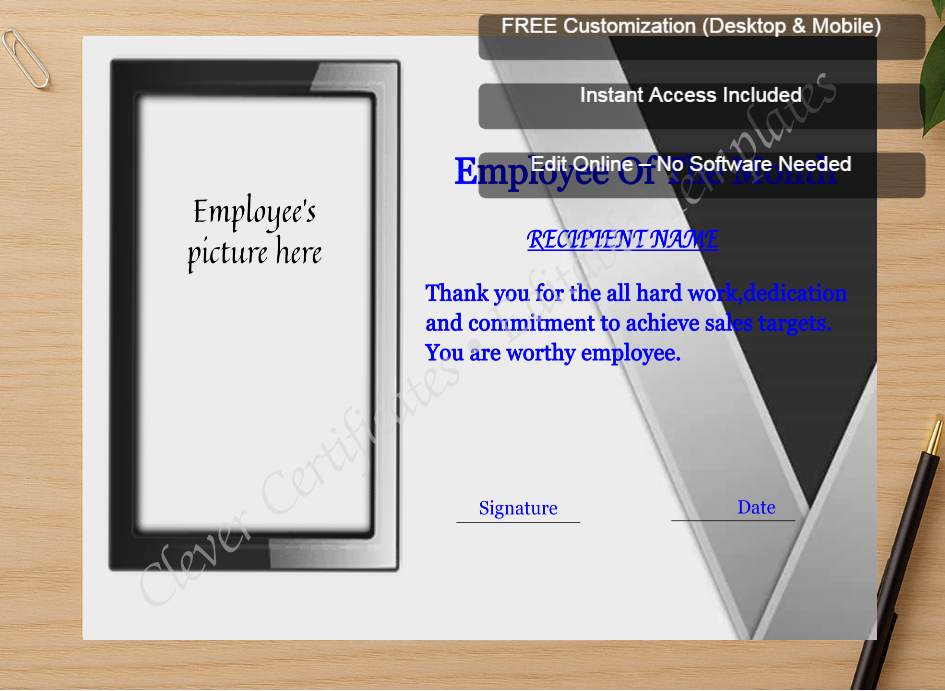 Zoomed preview with Free Editor badge stack for Editable Employee Of The Month Certificate