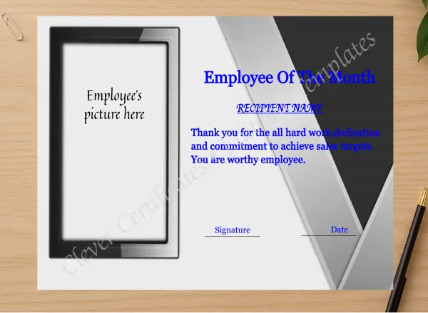 Professional preview of Editable Employee Of The Month Certificate certificate on high-quality stationery paper, ideal for showcasing the final look.