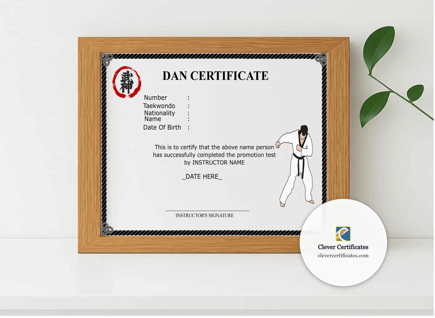 Realistic mockup featuring Dan Certificate displayed within a modern frame, set against a minimalistic background.
