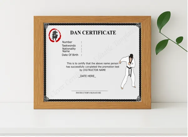 Realistic mockup featuring Dan Certificate displayed within a modern frame, set against a minimalistic background.