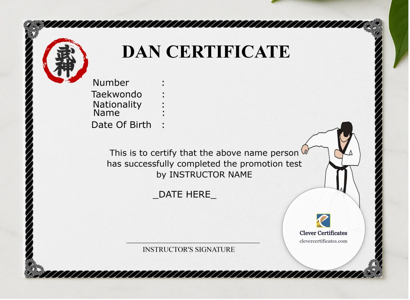 Dan Certificate presented in a sleek wooden frame, elegantly arranged on a stylish table.