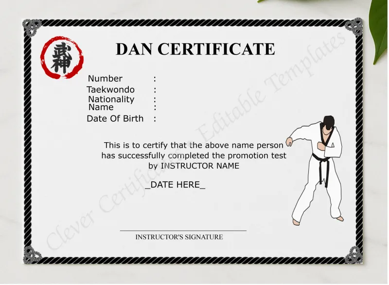Dan Certificate presented in a sleek wooden frame, elegantly arranged on a stylish table.