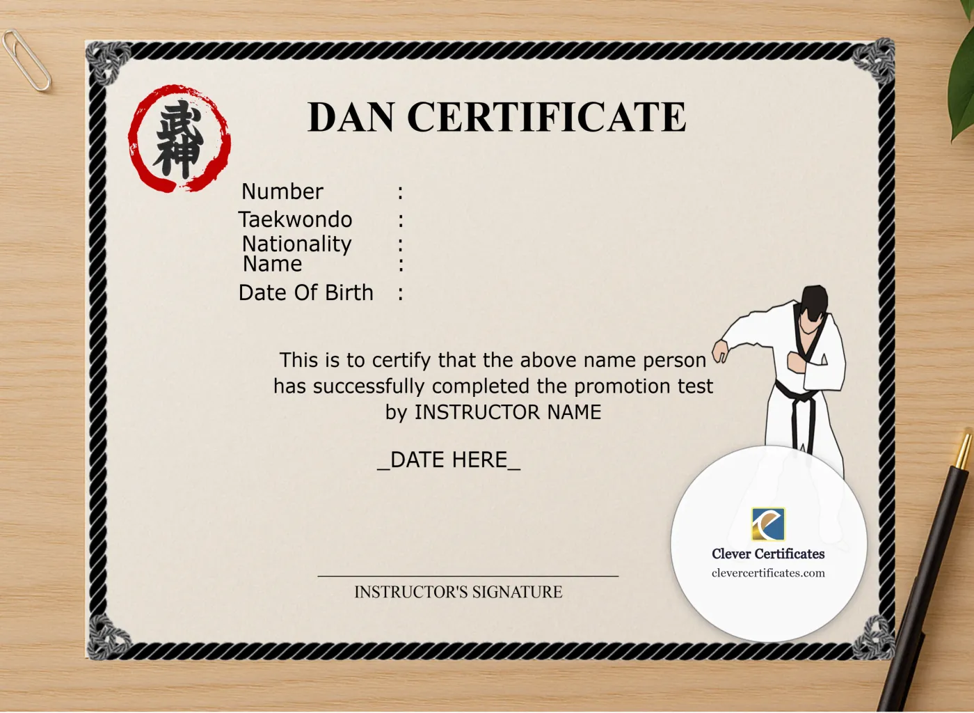 Professional preview of Dan Certificate certificate on high-quality stationery paper, ideal for showcasing the final look.