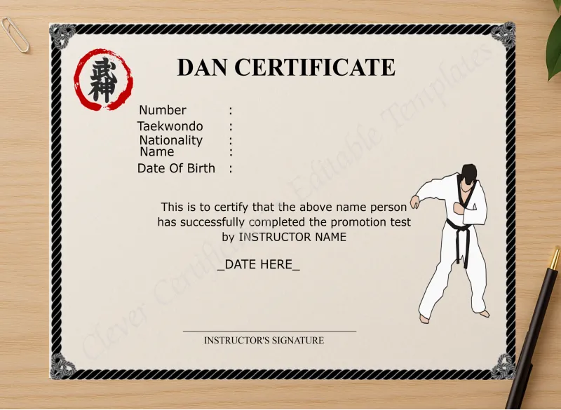 Professional preview of Dan Certificate certificate on high-quality stationery paper, ideal for showcasing the final look.