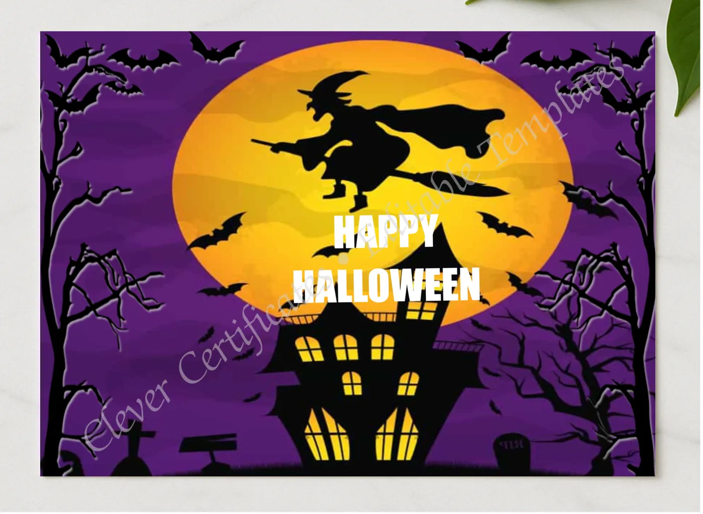 Editable Spooky presented in a sleek wooden frame, elegantly arranged on a stylish table.