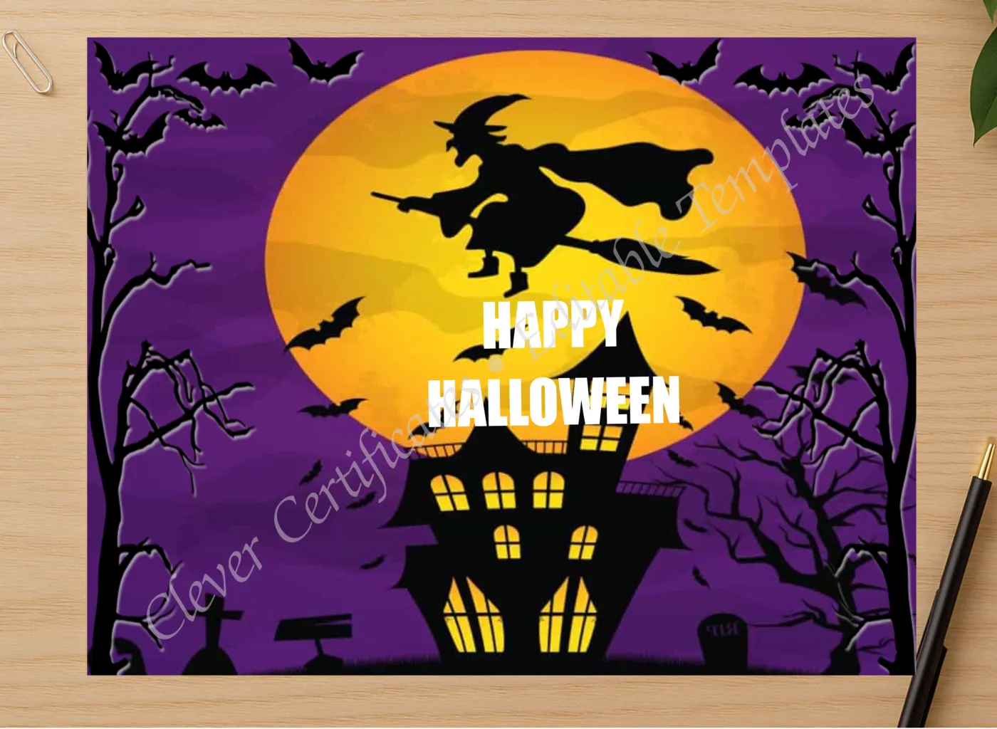 Professional preview of Editable Spooky certificate on high-quality stationery paper, ideal for showcasing the final look.
