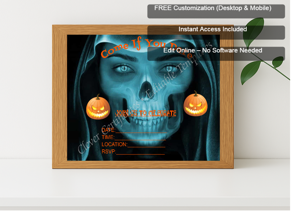 Premium mockup with Free Editor badge stack for Halloween Invitation