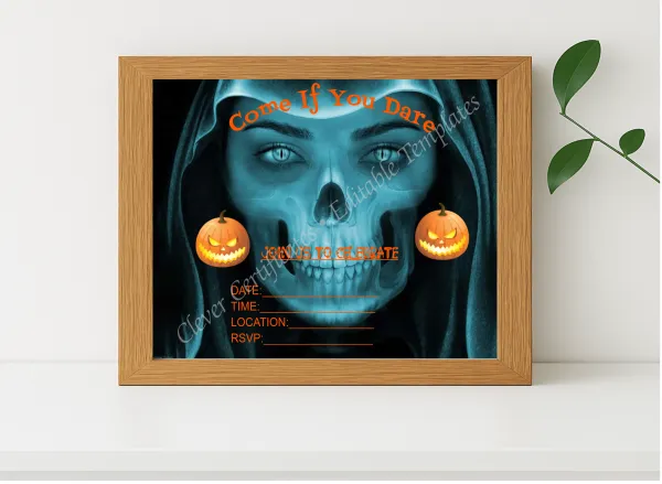 Realistic mockup featuring Halloween Invitation displayed within a modern frame, set against a minimalistic background.
