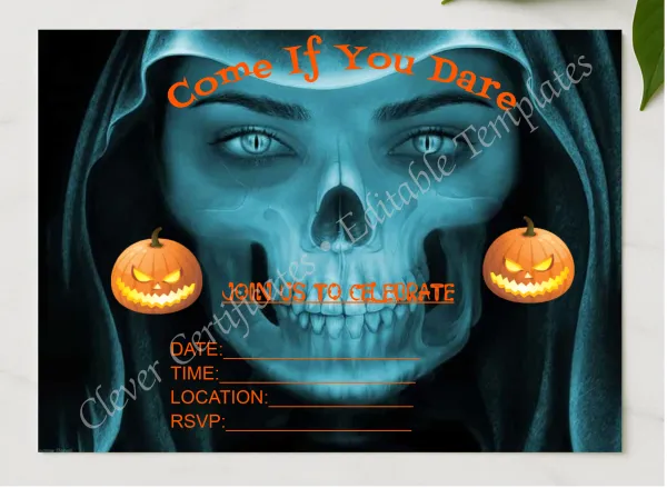 Halloween Invitation presented in a sleek wooden frame, elegantly arranged on a stylish table.