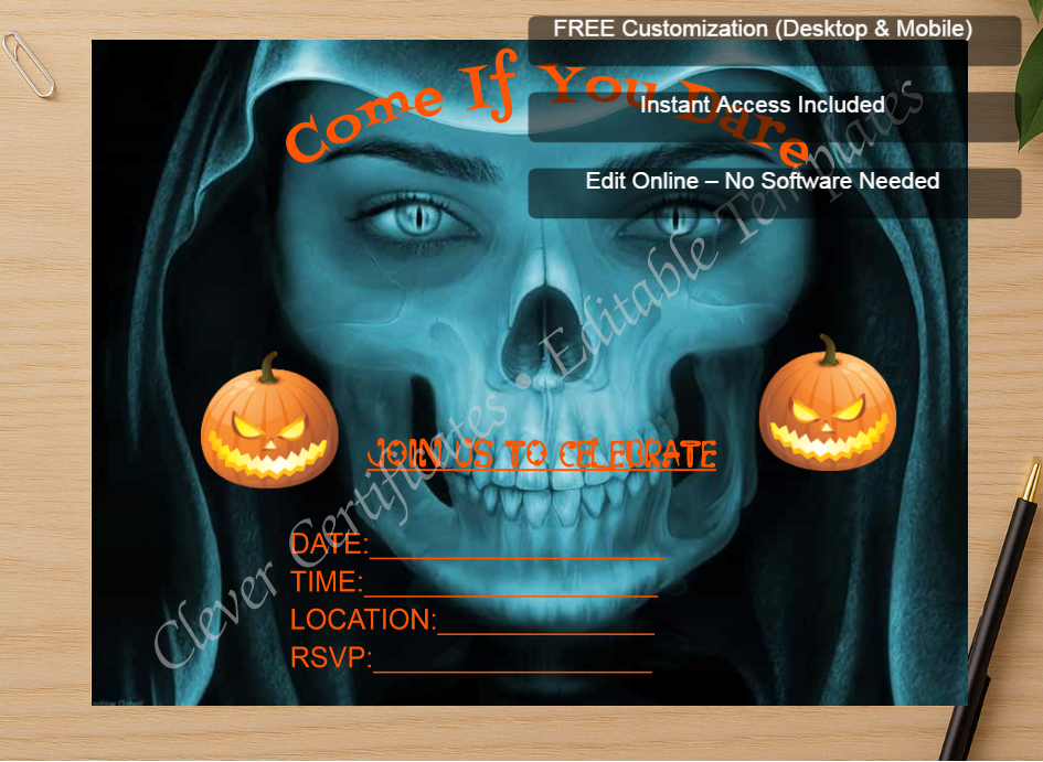 Zoomed preview with Free Editor badge stack for Halloween Invitation