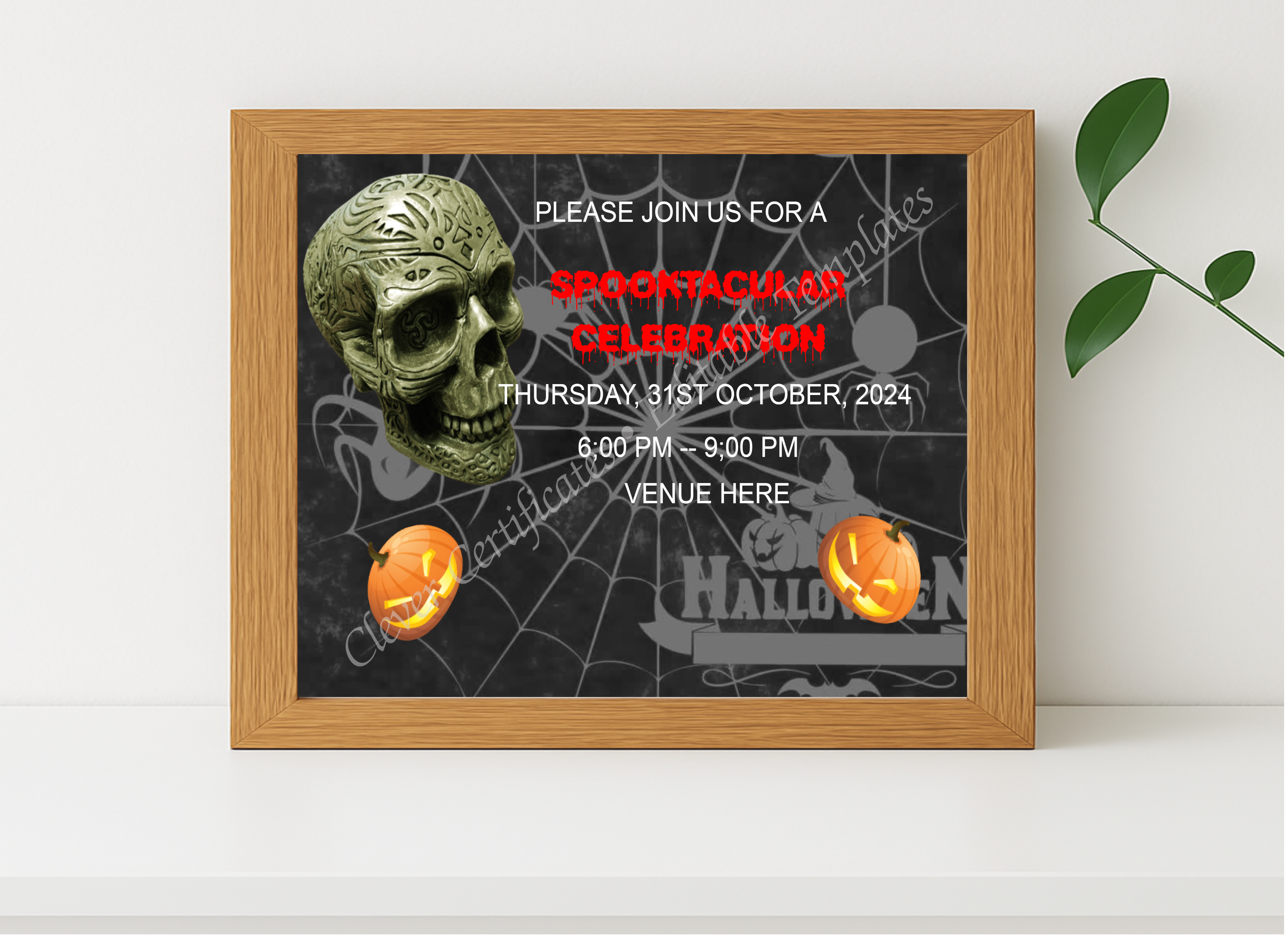 Realistic mockup featuring Spooky Halloween Invitation displayed within a modern frame, set against a minimalistic background.