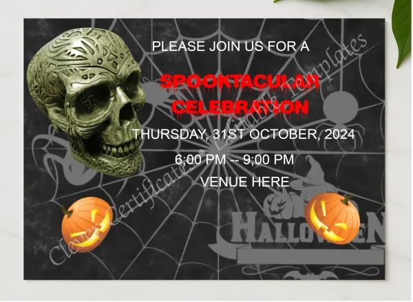 Spooky Halloween Invitation presented in a sleek wooden frame, elegantly arranged on a stylish table.