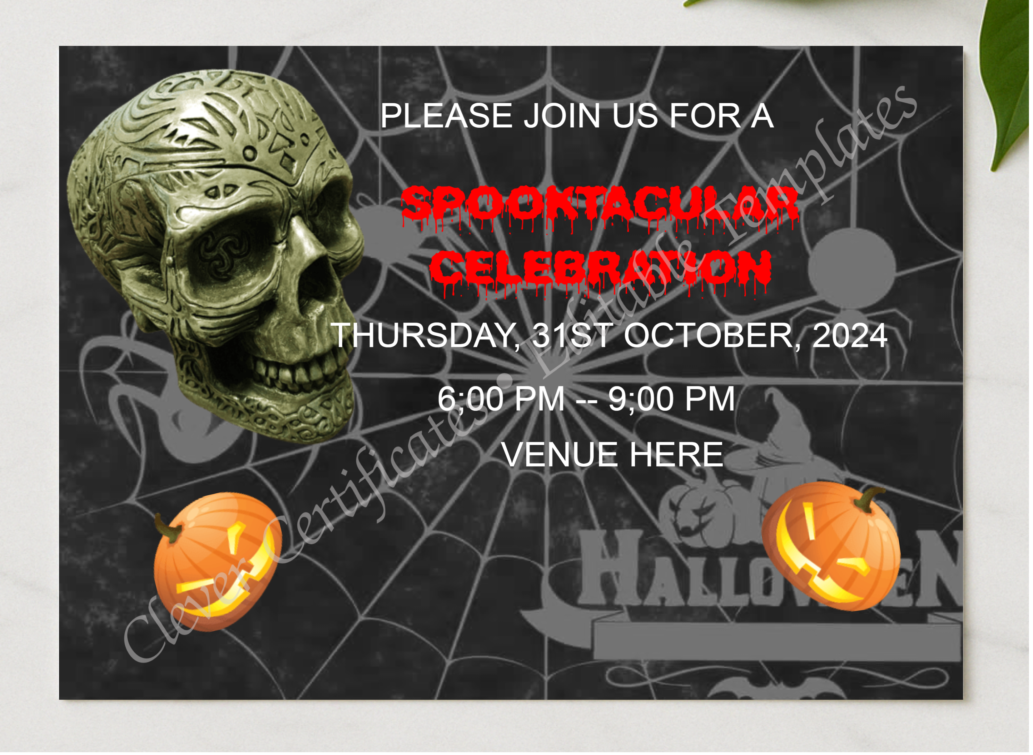Spooky Halloween Invitation presented in a sleek wooden frame, elegantly arranged on a stylish table.