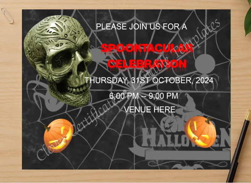 Professional preview of Spooky Halloween Invitation certificate on high-quality stationery paper, ideal for showcasing the final look.