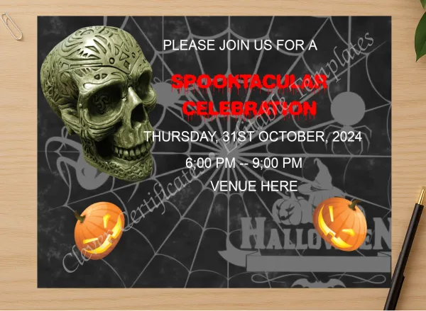 Professional preview of Spooky Halloween Invitation certificate on high-quality stationery paper, ideal for showcasing the final look.