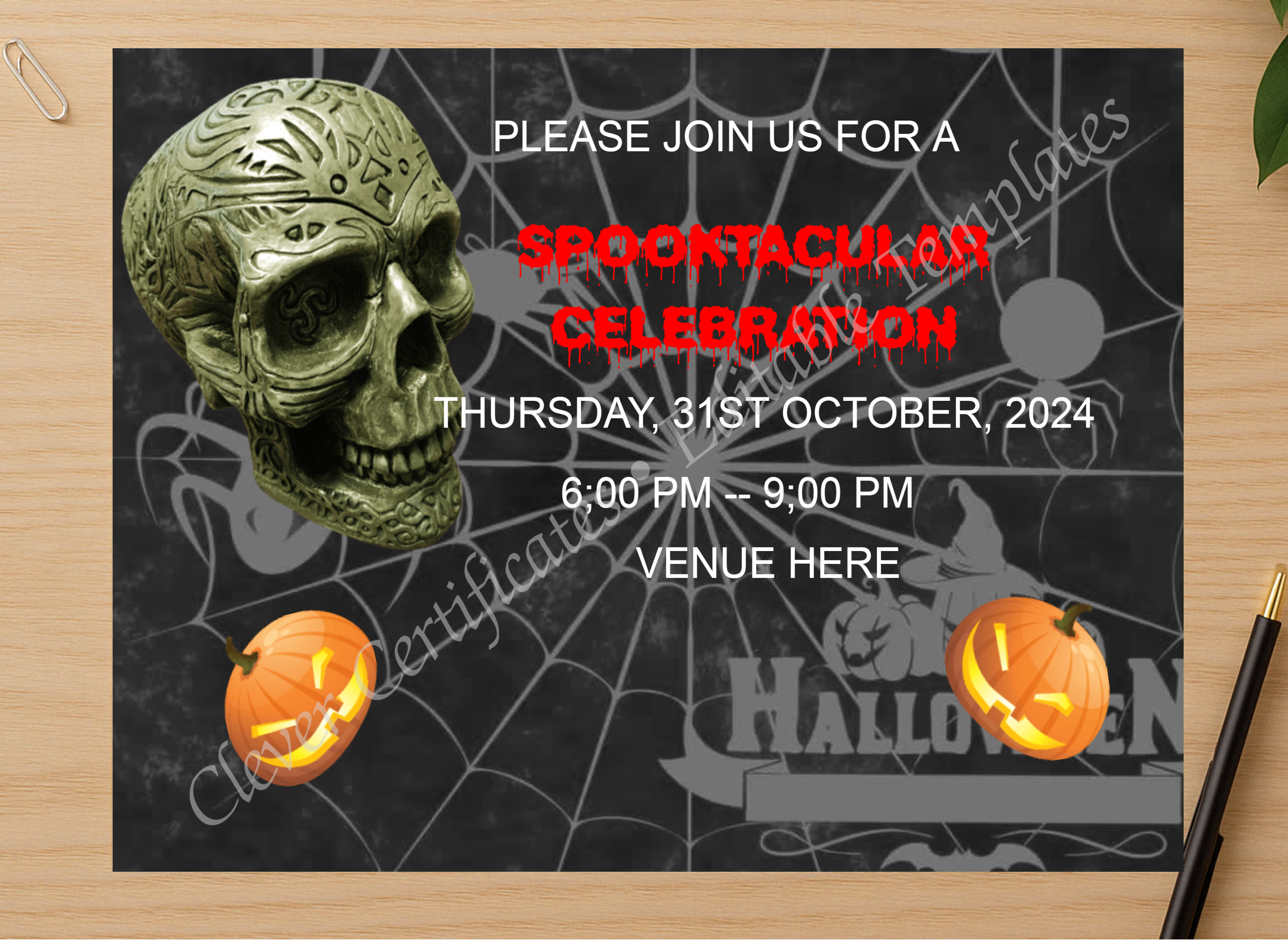 Professional preview of Spooky Halloween Invitation certificate on high-quality stationery paper, ideal for showcasing the final look.