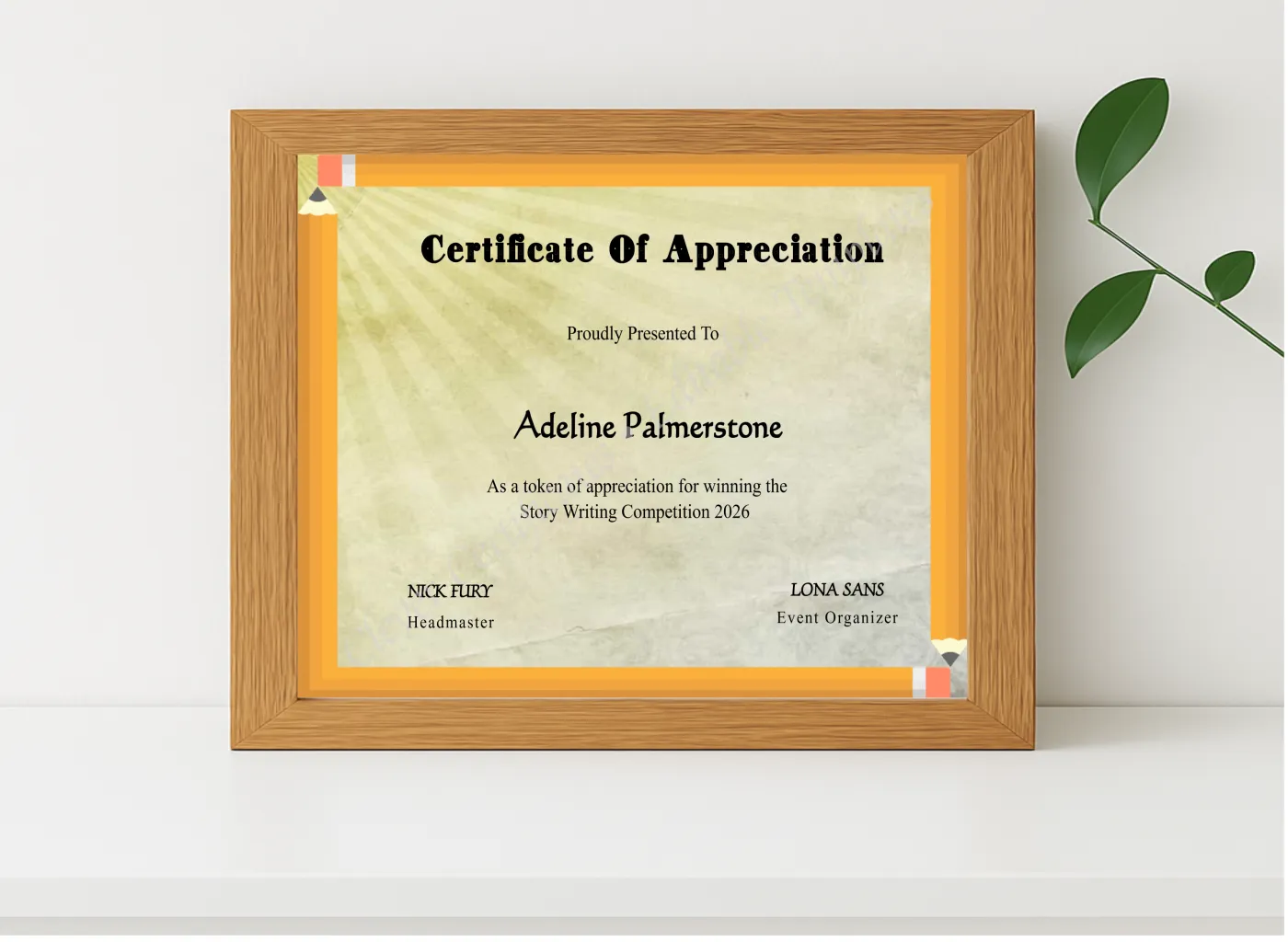 Realistic mockup featuring Playful Appreciation Certificate displayed within a modern frame, set against a minimalistic background.
