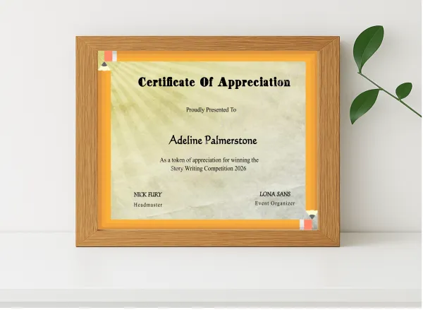 Realistic mockup featuring Playful Appreciation Certificate displayed within a modern frame, set against a minimalistic background.
