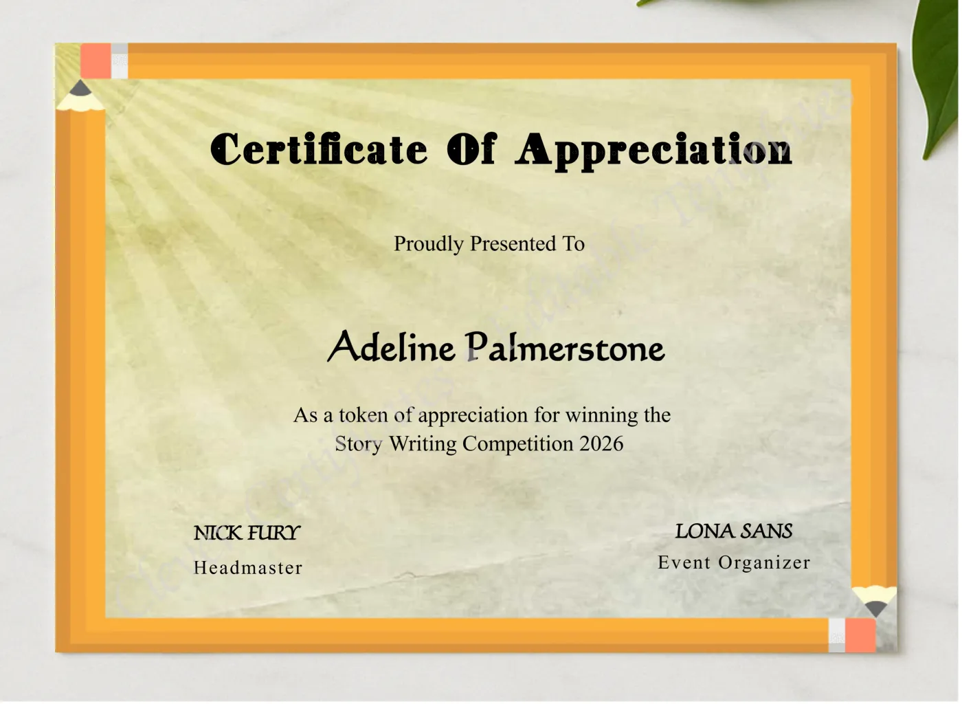 Playful Appreciation Certificate presented in a sleek wooden frame, elegantly arranged on a stylish table.