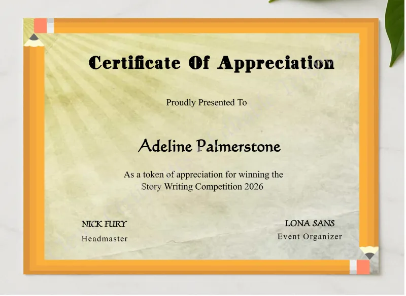 Playful Appreciation Certificate presented in a sleek wooden frame, elegantly arranged on a stylish table.