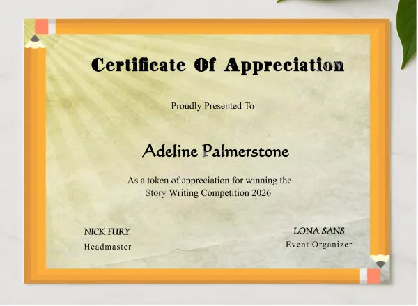 Playful Appreciation Certificate presented in a sleek wooden frame, elegantly arranged on a stylish table.