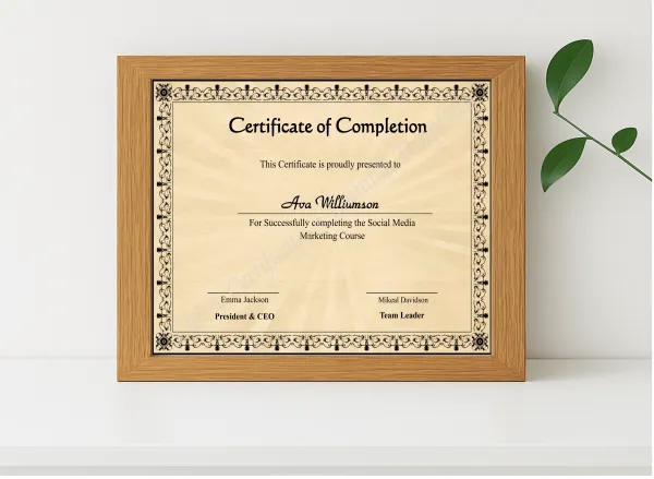 Realistic mockup featuring Professional Course Completion Certificate displayed within a modern frame, set against a minimalistic background.